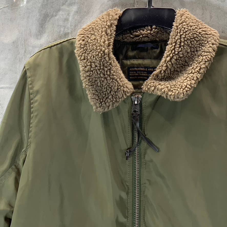 ABERCROMBIE & FITCH Men's Olive Faux-Fur Zip-Up Bomber Jacket SZ M