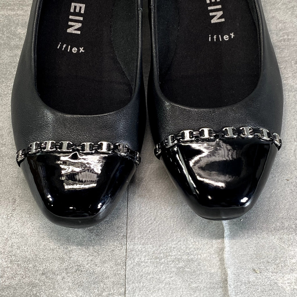 ANNE KLEIN Women's Black Leather iFlex Maysel Slip-On Square-Toe Wedge Flats SZ 7.5