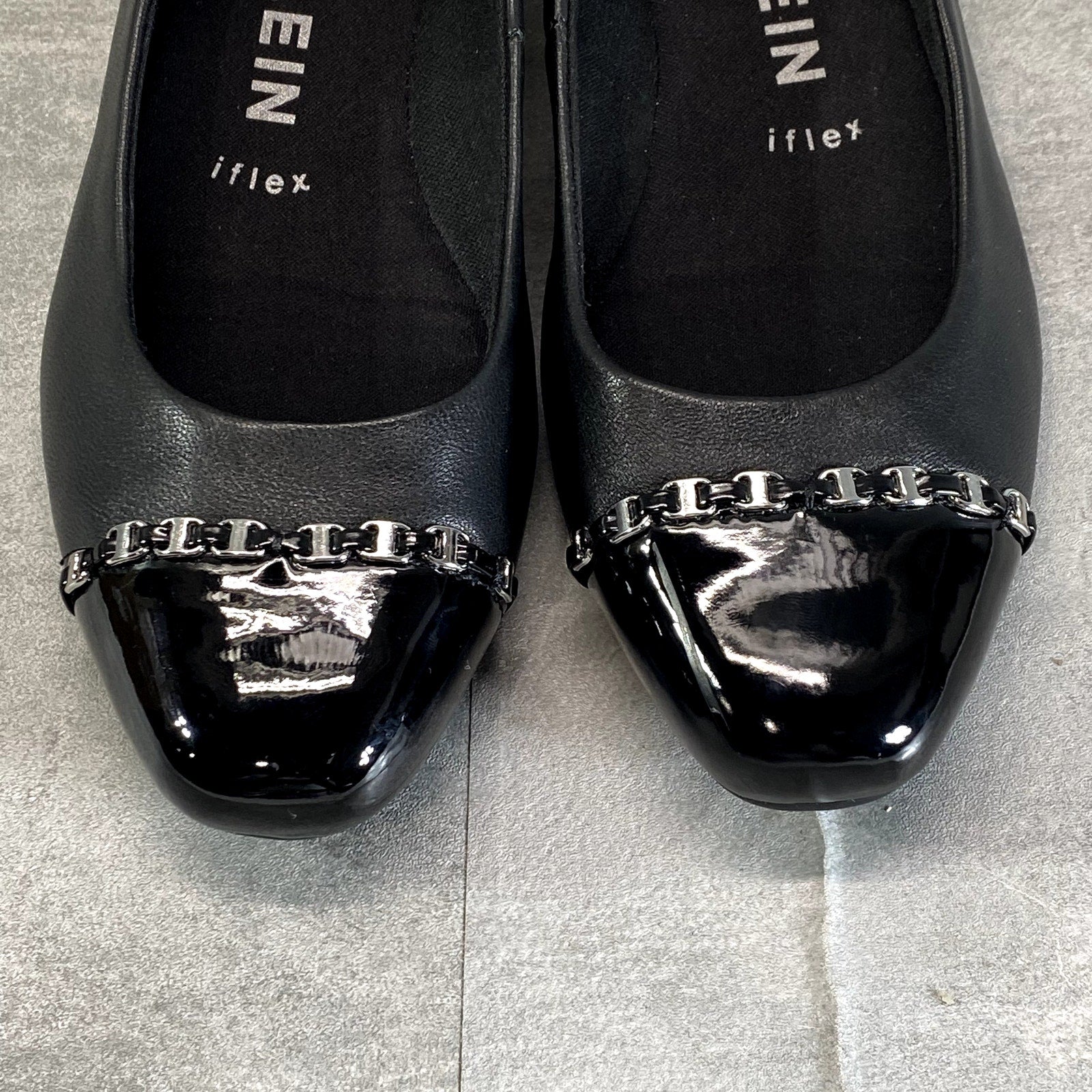 ANNE KLEIN Women's Black Leather iFlex Maysel Slip-On Square-Toe Wedge Flats SZ 7.5