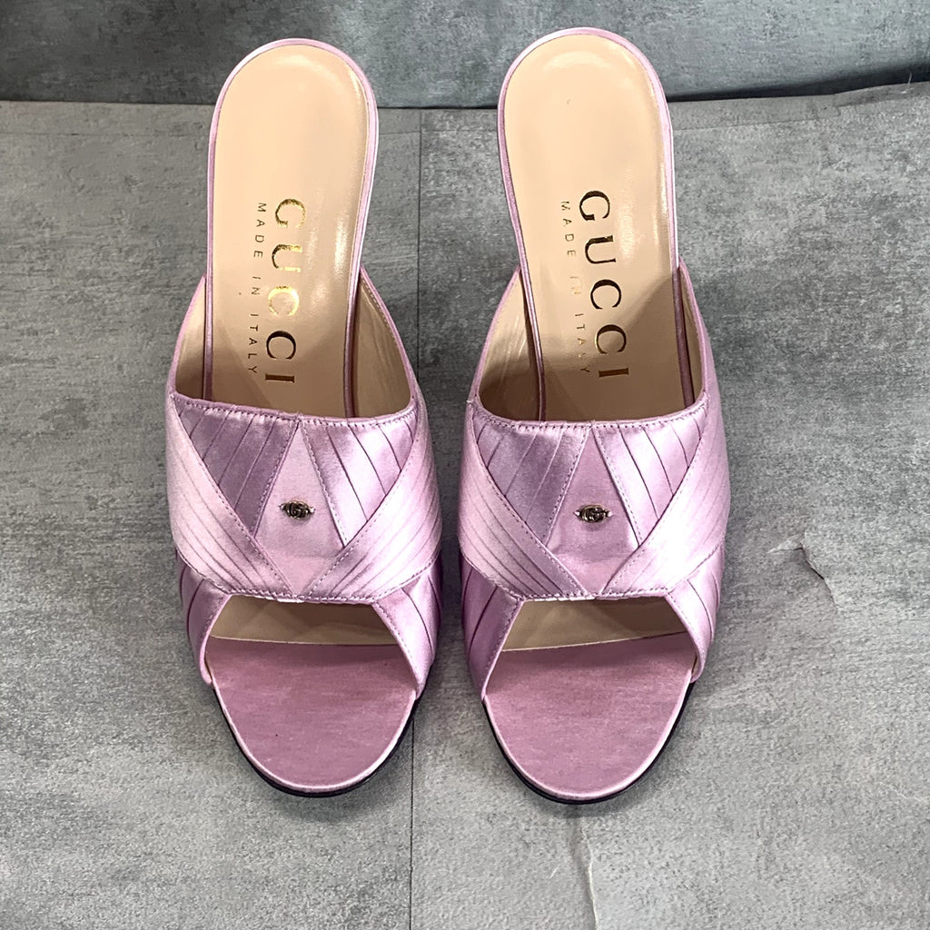 GUCCI Women's Light Pink Satin Heeled Slide Open Toe Sandal SZ 39 US 9
