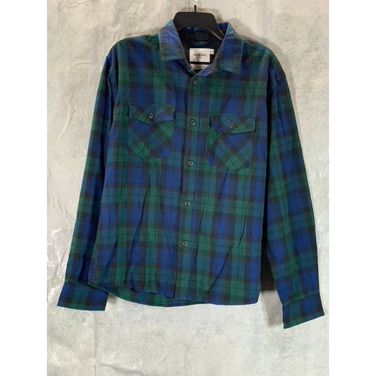 GOODFELLOW & CO Men's Blue/Green Plaid Flannel Standard-Fit Elbow-Patch Shirt