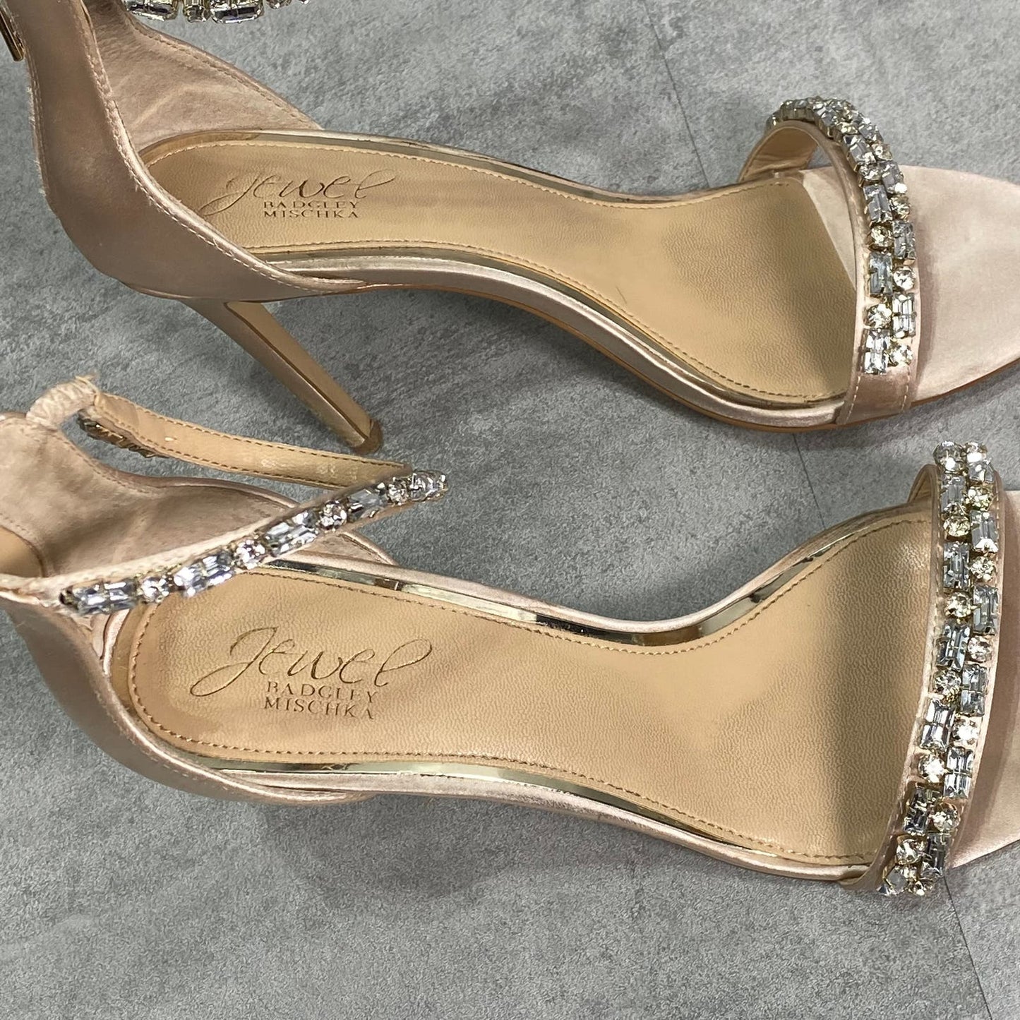 JEWEL BADGLEY MISCHKA Champagne Satin Campbell Embellished High Heel Sandals SZ 7.5