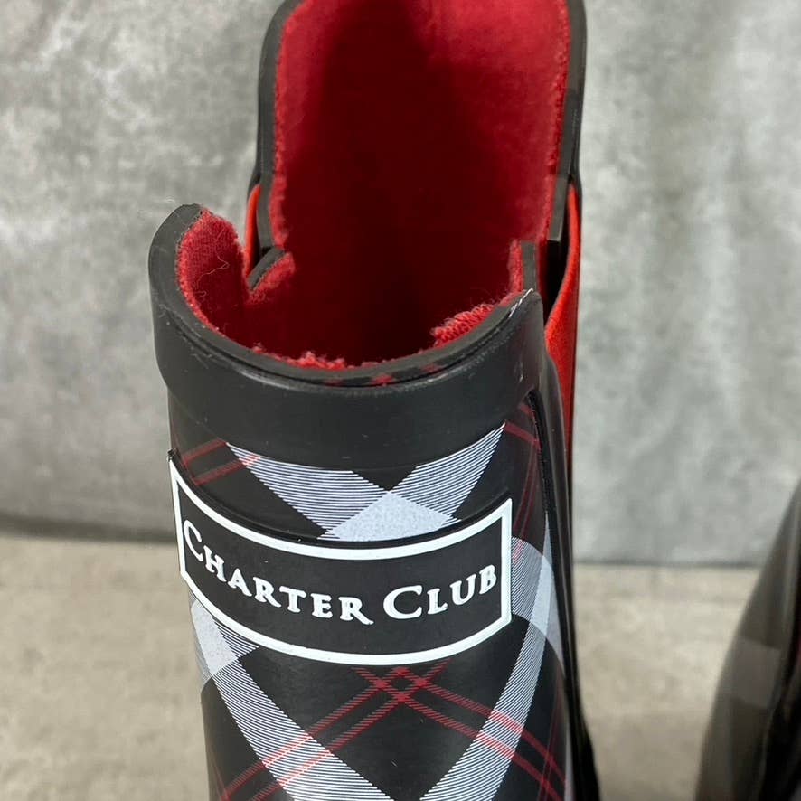 CHARTER CLUB Women's Black/Red Cloudburst Pull-On Rain Boots SZ 8