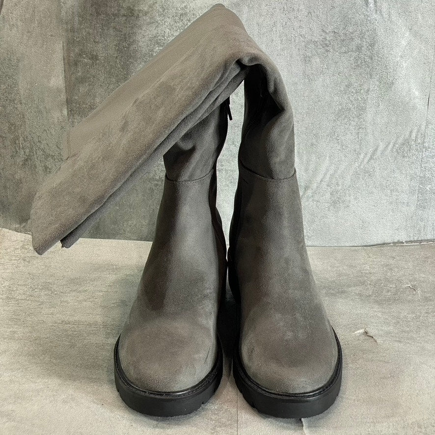 NINE WEST Women's Charcoal Tread Lug Sole Block-Heel Over-The-Knee Boots SZ 9.5