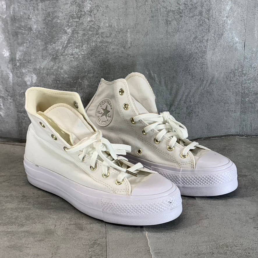 CONVERSE Chuck Taylor All Star White/Gold Elevated Platform Lace-Up Sneakers SZ9