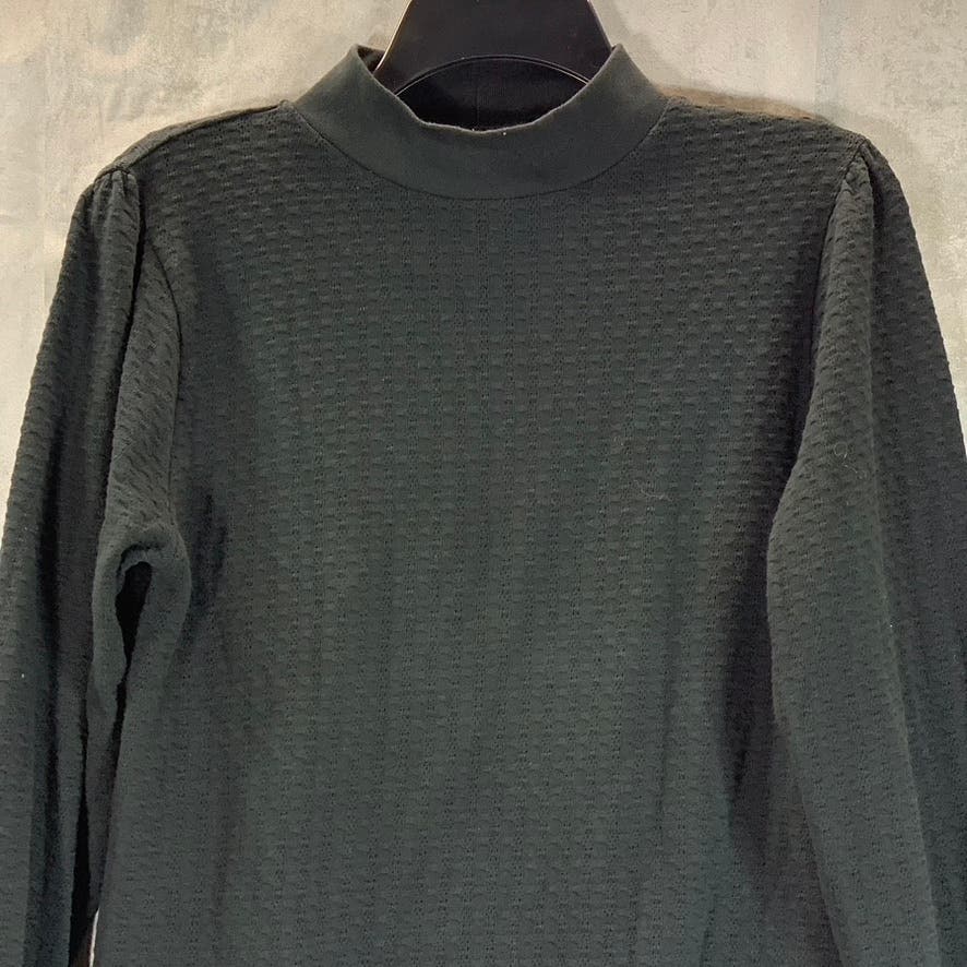 J.CREW Women's Black Solid Puffed Long Sleeve Mockneck Pointelle Top SZ S