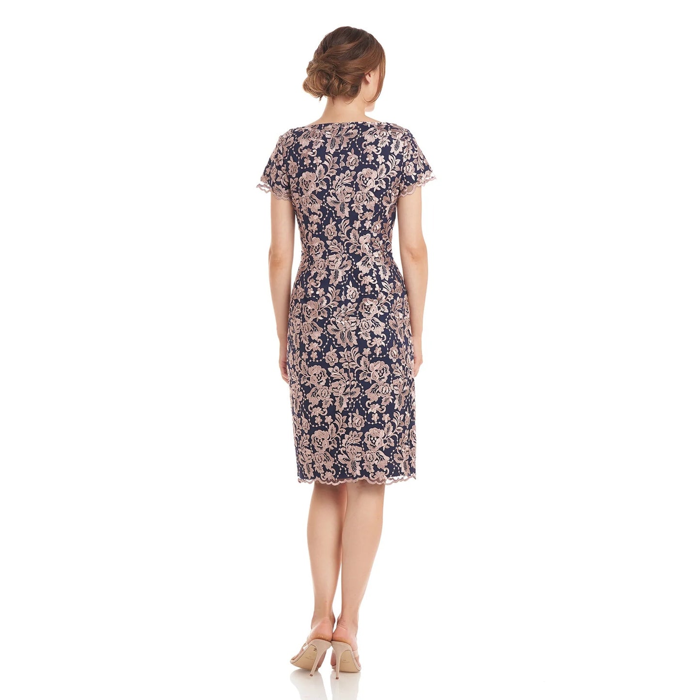 JS COLLECTION Women's Navy/Latte V-Neck Floral Embroidered Scalloped Trim Dress