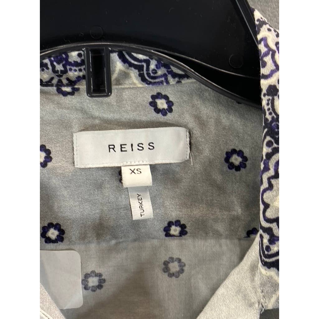 REISS Men's Grey Printed Murph Bordered Cuban Collar Button-Up Shirt SZ M
