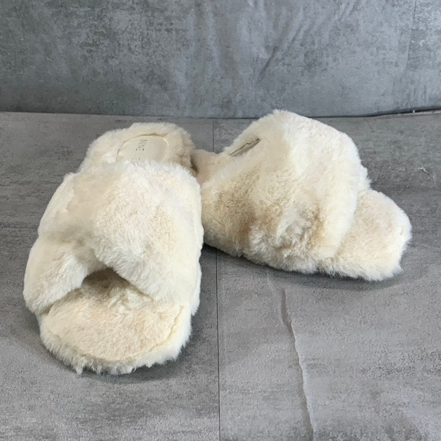 NINE WEST Women's Light Natural Fabric Cozy Faux-Fur Cross Band Slide Sandals