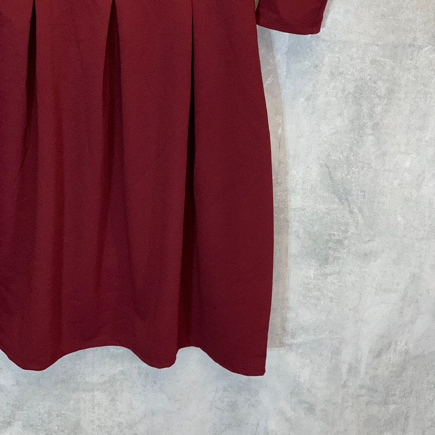 24/7 COMFORT APPAREL Women's Burgundy 3/4 Sleeve Fit & Flare Two-Pocket Mini Dress SZ M