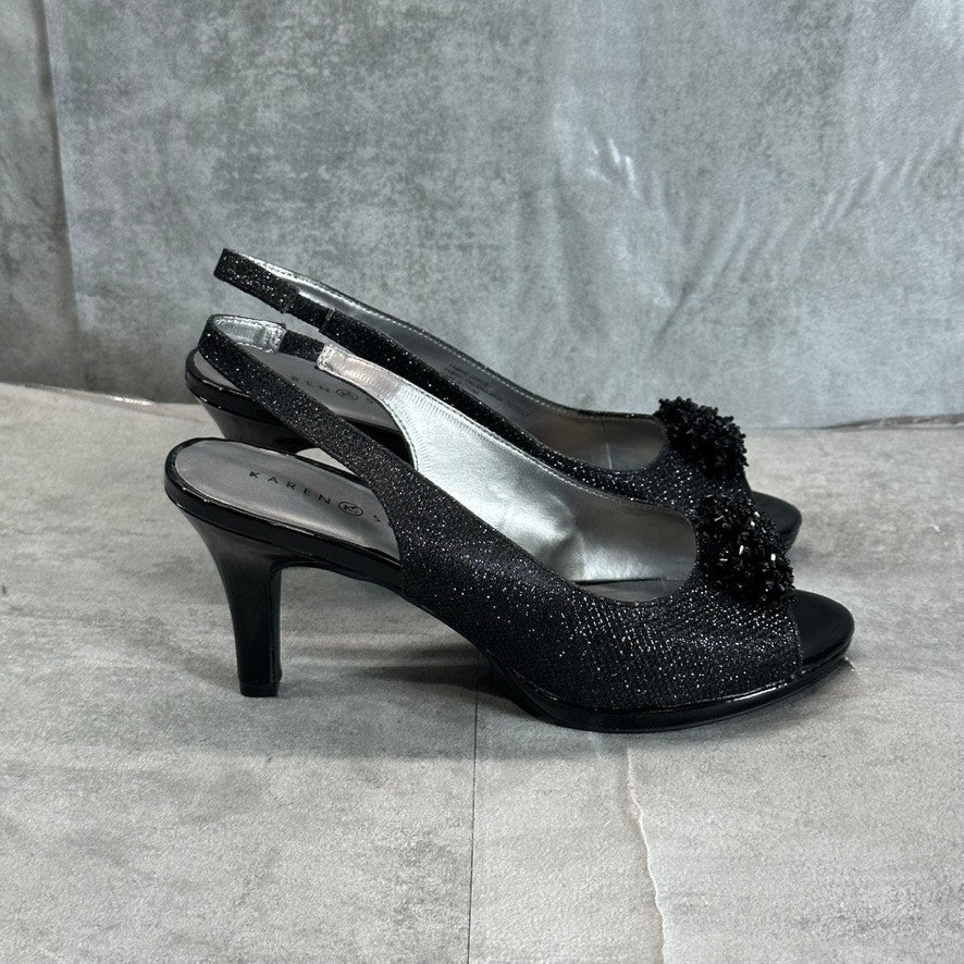 KAREN SCOTT Women's Black Glitter Breena Peep-Toe Slingback Pumps SZ 8.5