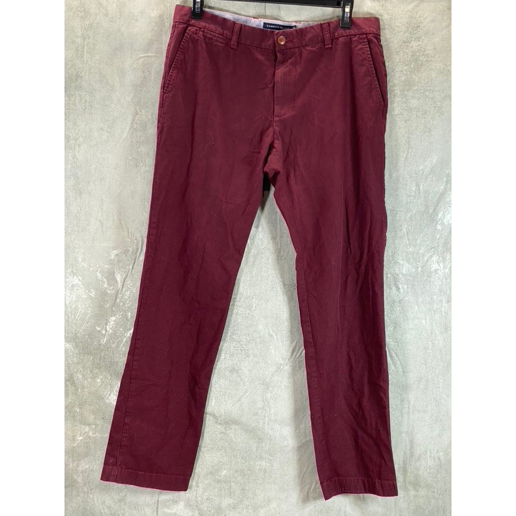 TOMMY HILFIGER Men's Burgundy Mini Check Custom-Fit Chino Pants SZ 36X34