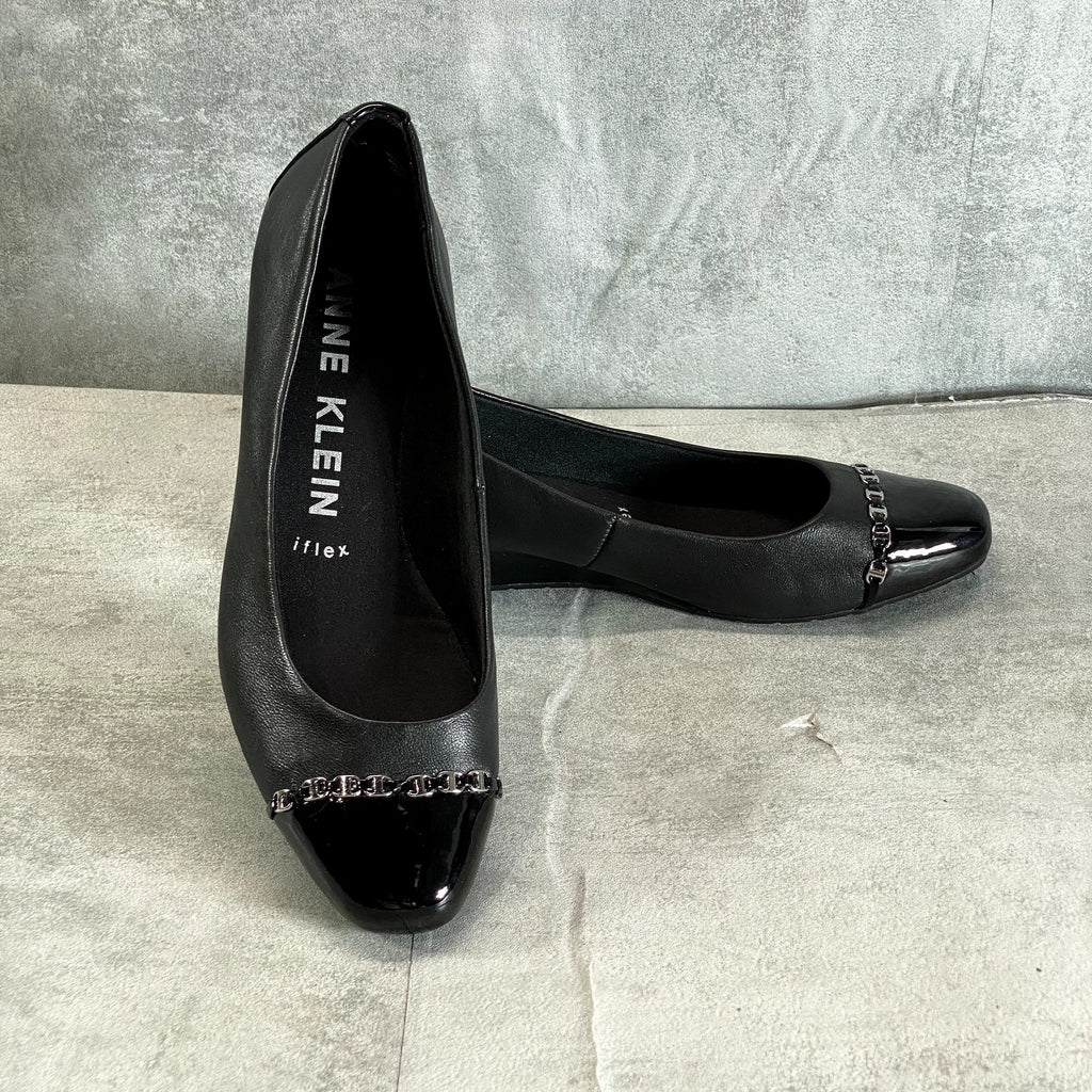 ANNE KLEIN Women's Black Leather iFlex Maysel Slip-On Square-Toe Wedge Flats SZ 7.5
