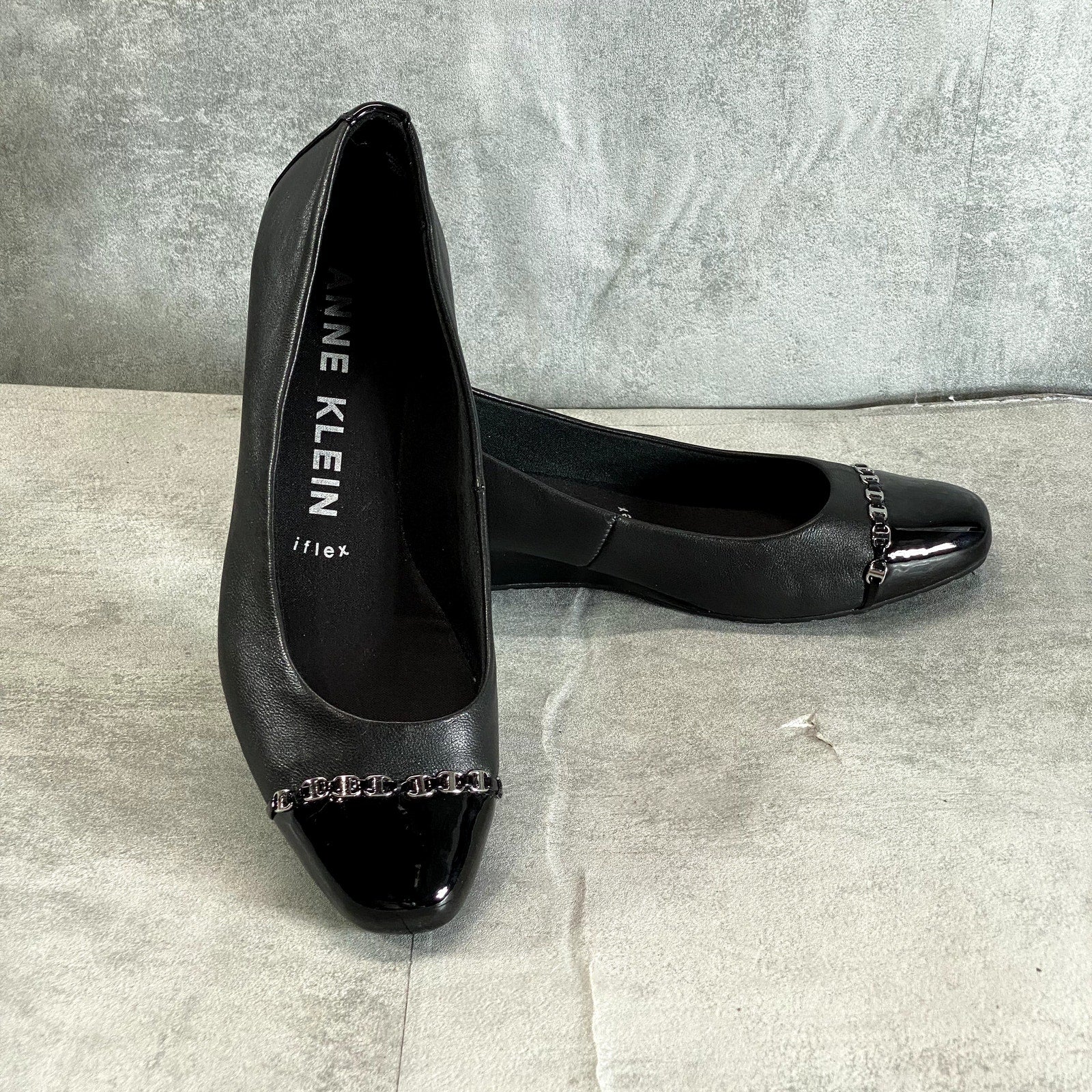 ANNE KLEIN Women's Black Leather iFlex Maysel Slip-On Square-Toe Wedge Flats SZ 7.5