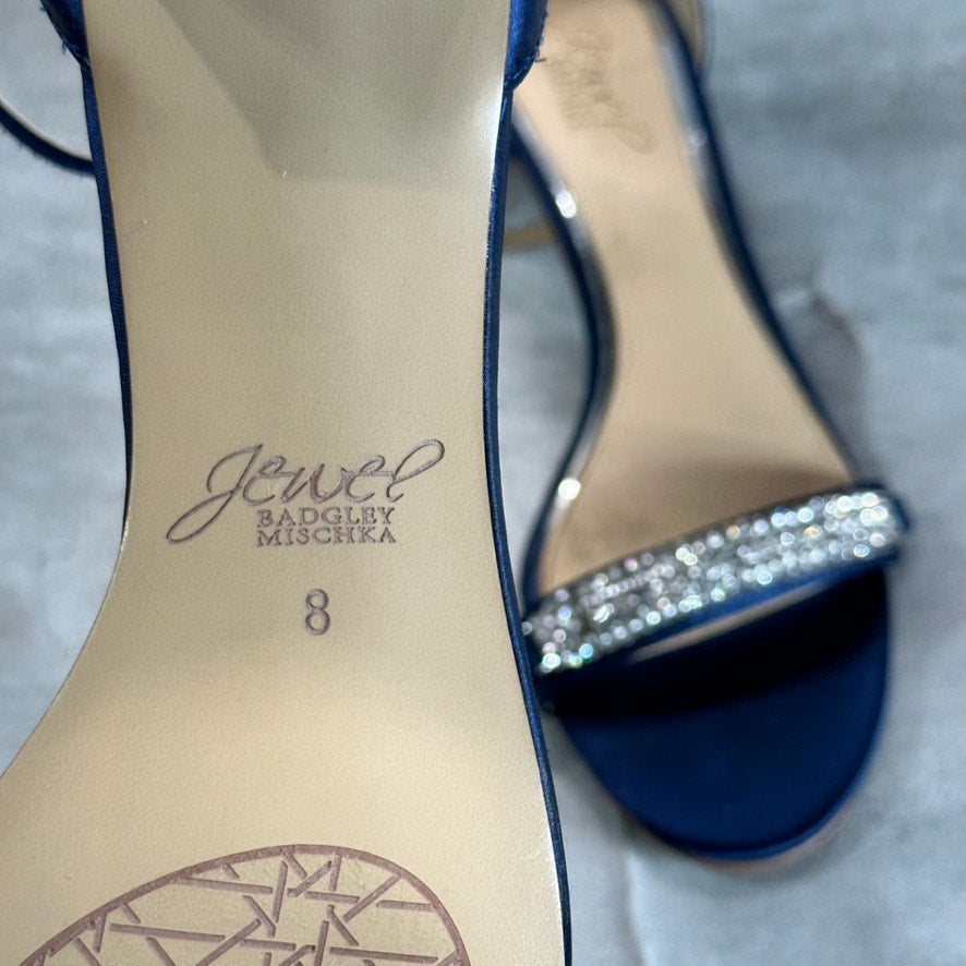 JEWEL BADGLEY MISCHKA Women's Navy Satin Ramsay Rhinestone Evening Sandals SZ 8
