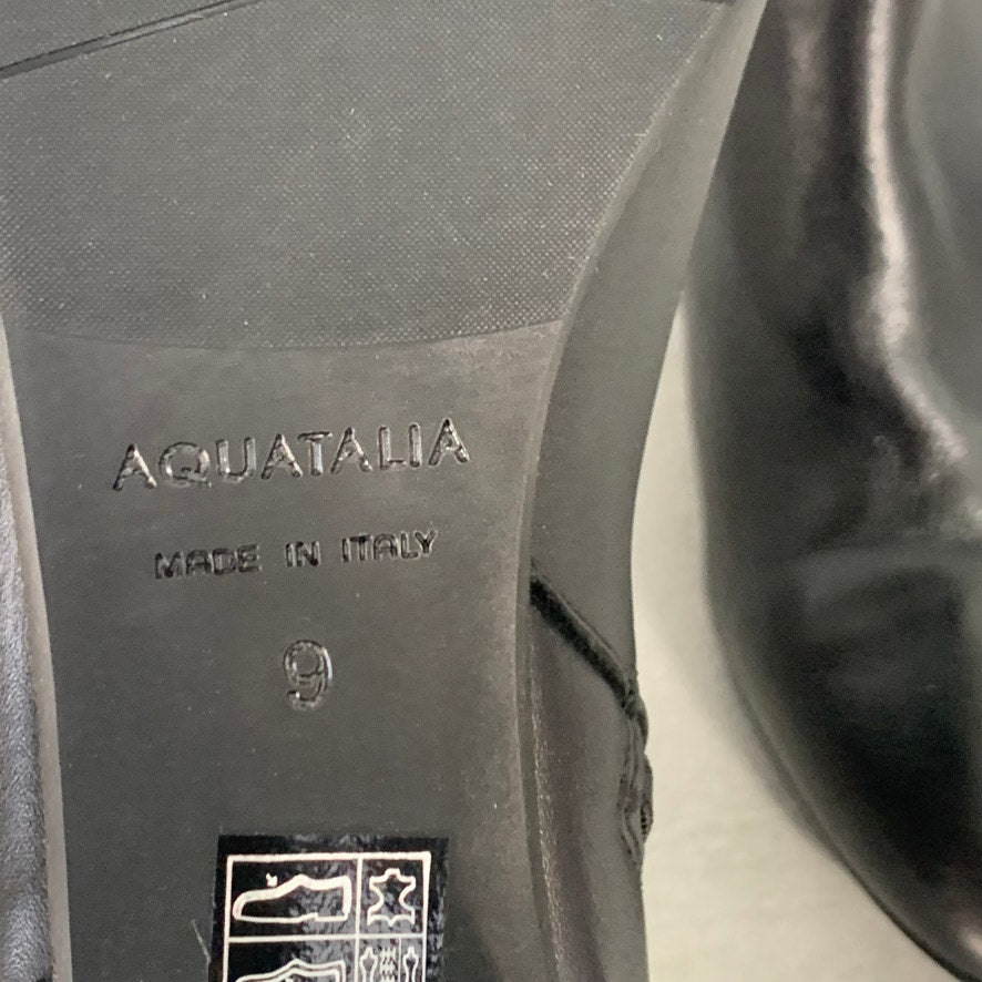 AQUATALIA Black Leather Feliciana Weatherproof Pull-On Side Zipper Block Heel Ankle Booties SZ 9