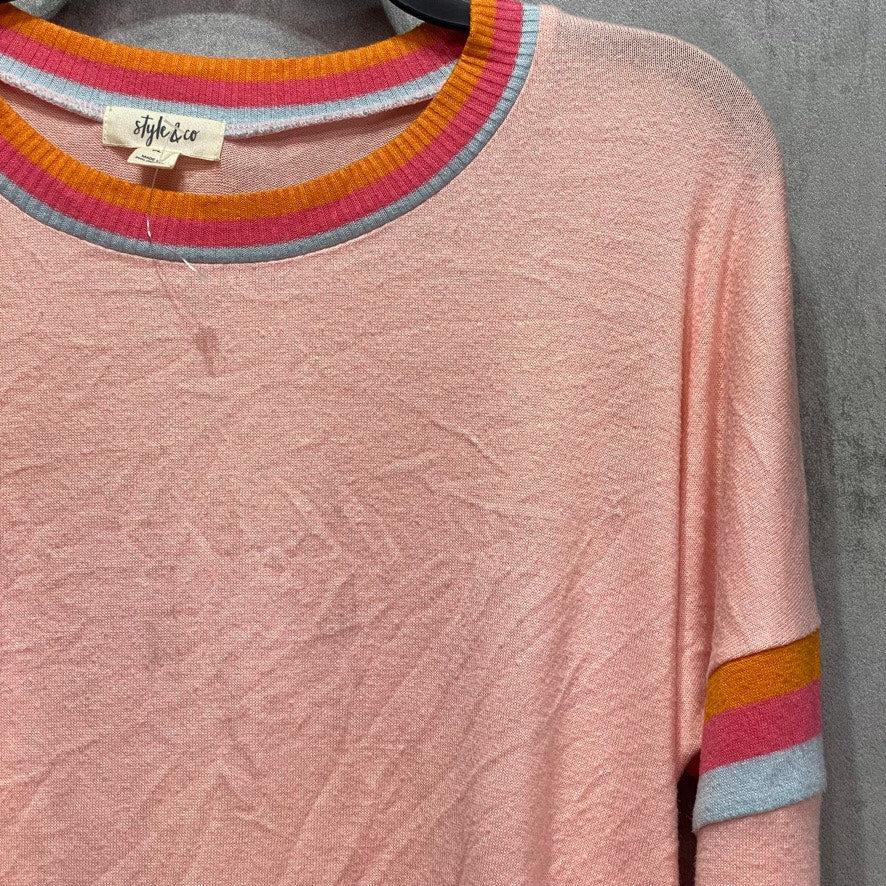 STYLE & CO Petite Pink Striped Neck & Sleeve Crewneck Pullover Sweater SZ P/L
