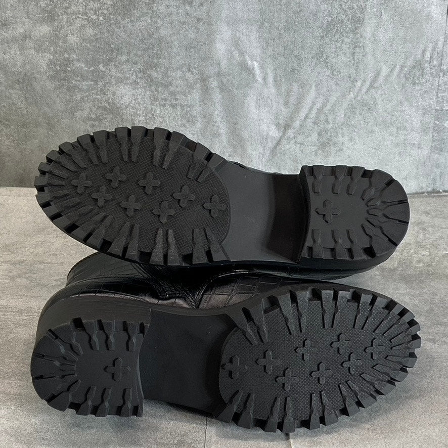 SUGAR Women's Black Croc Embossed Obvi Combat Memory Foam Block Heel Boots SZ6.5