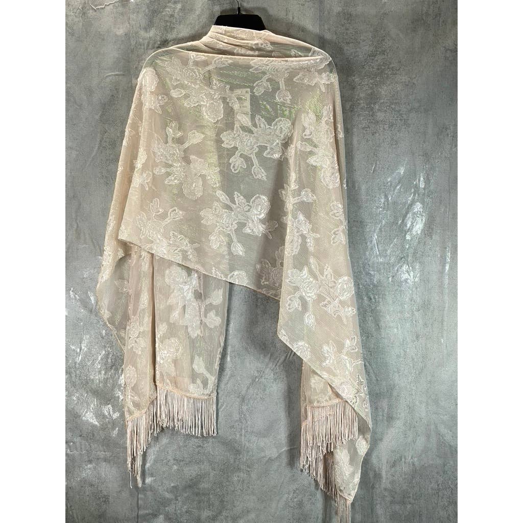 INC Women's Blush Floral-Print Sheer Metallic Fringe-Trim Wrap SZ OS