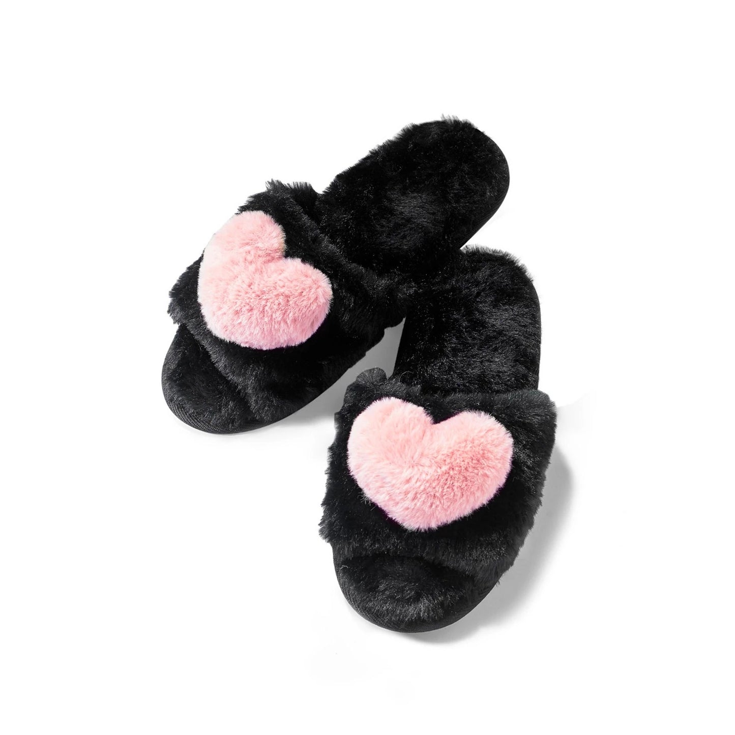 JENNI Black Open-Toe Faux-Fur Heart Slides SZ M (7-8)