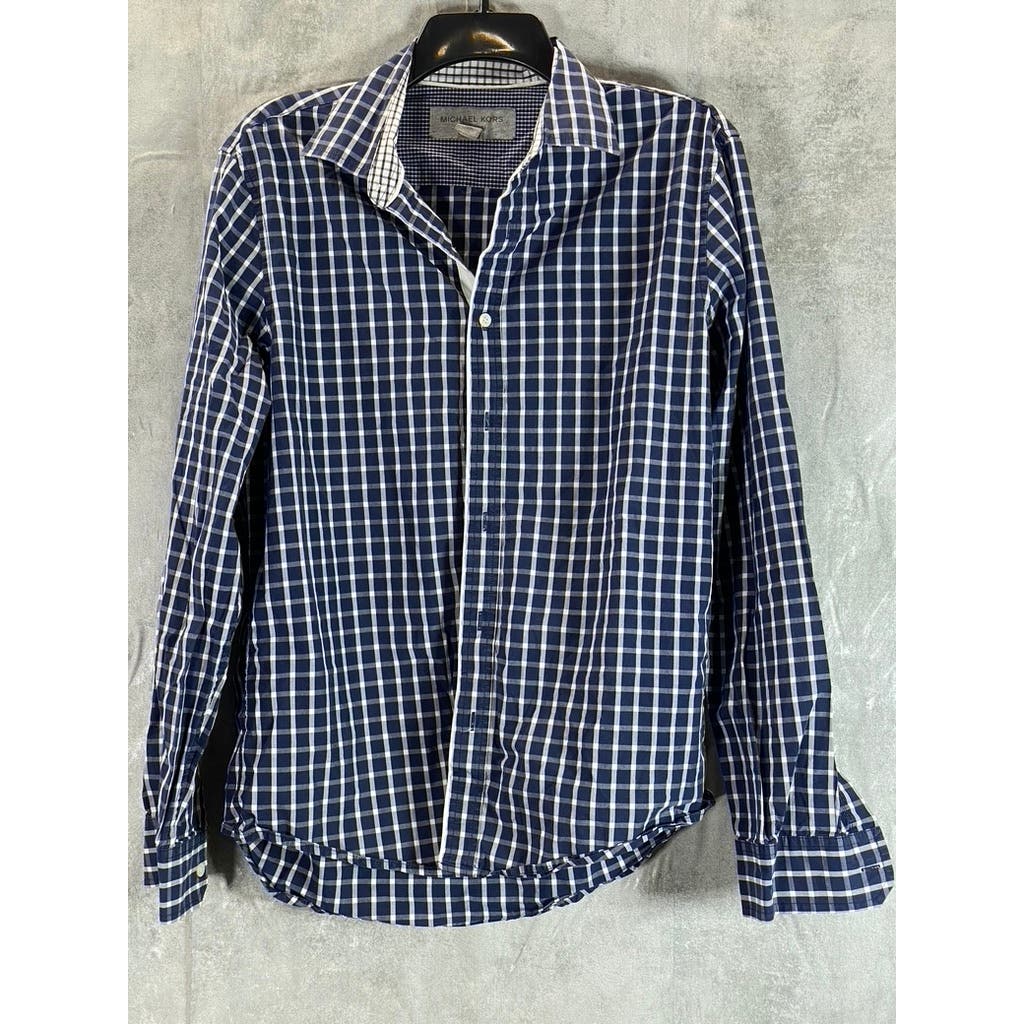 MICHAEL KORS Men's Navy Mini Check Cotton Button-Up Long Sleeve Shirt SZ M