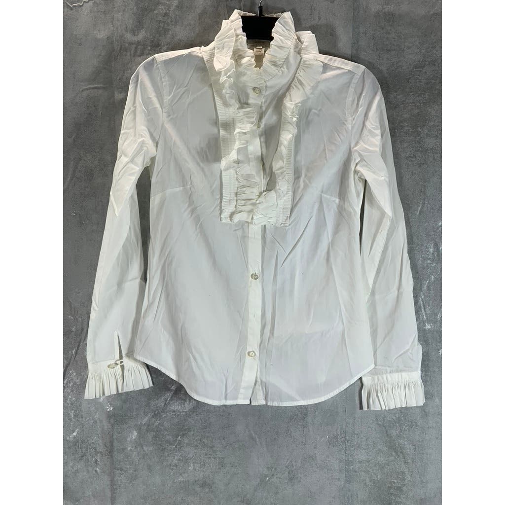 J.CREW Women's White Ruffle Trim Button-Up Long Sleeve Top SZ 0