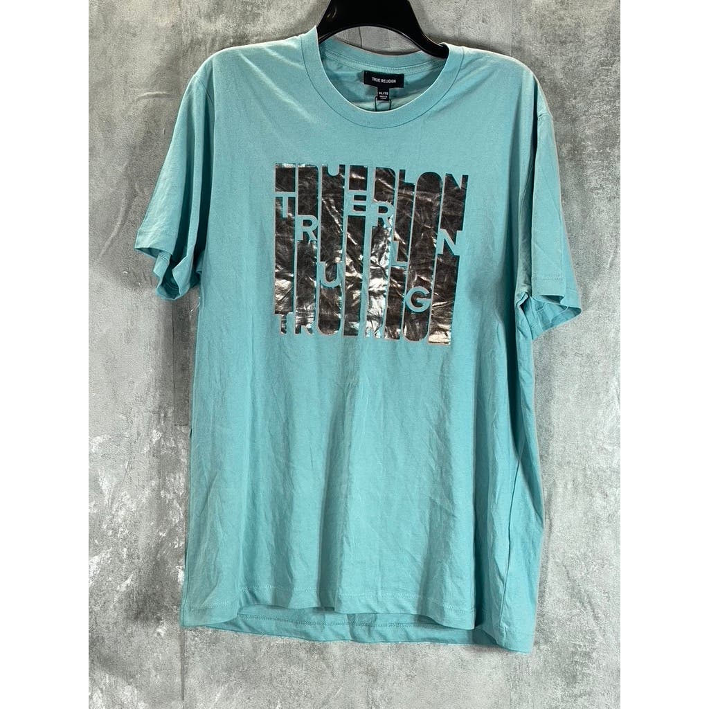 TRUE RELIGION Men's Lichen Bleu Crewneck Metallic Column Graphic T-Shirt SZ XL