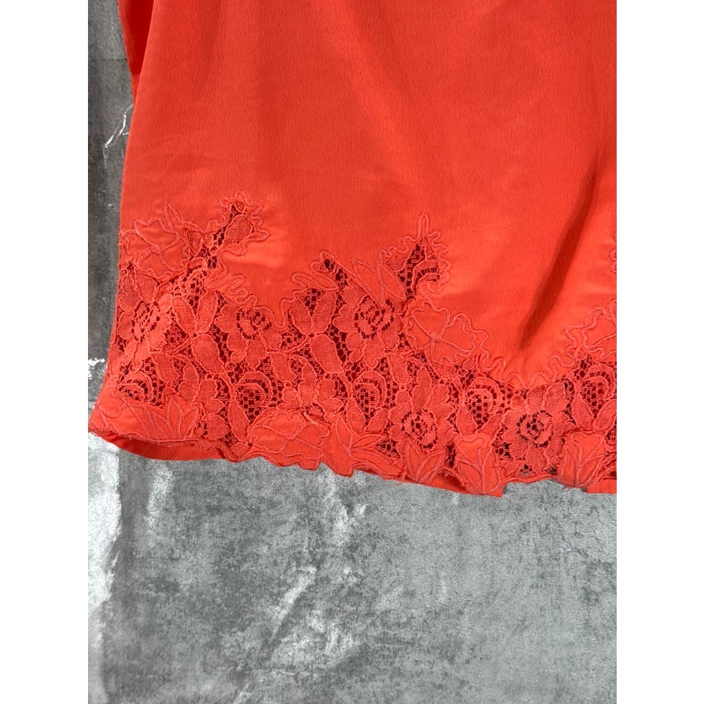 ELODIE Women's Orange V-Neck Lace Trim Top SZ M