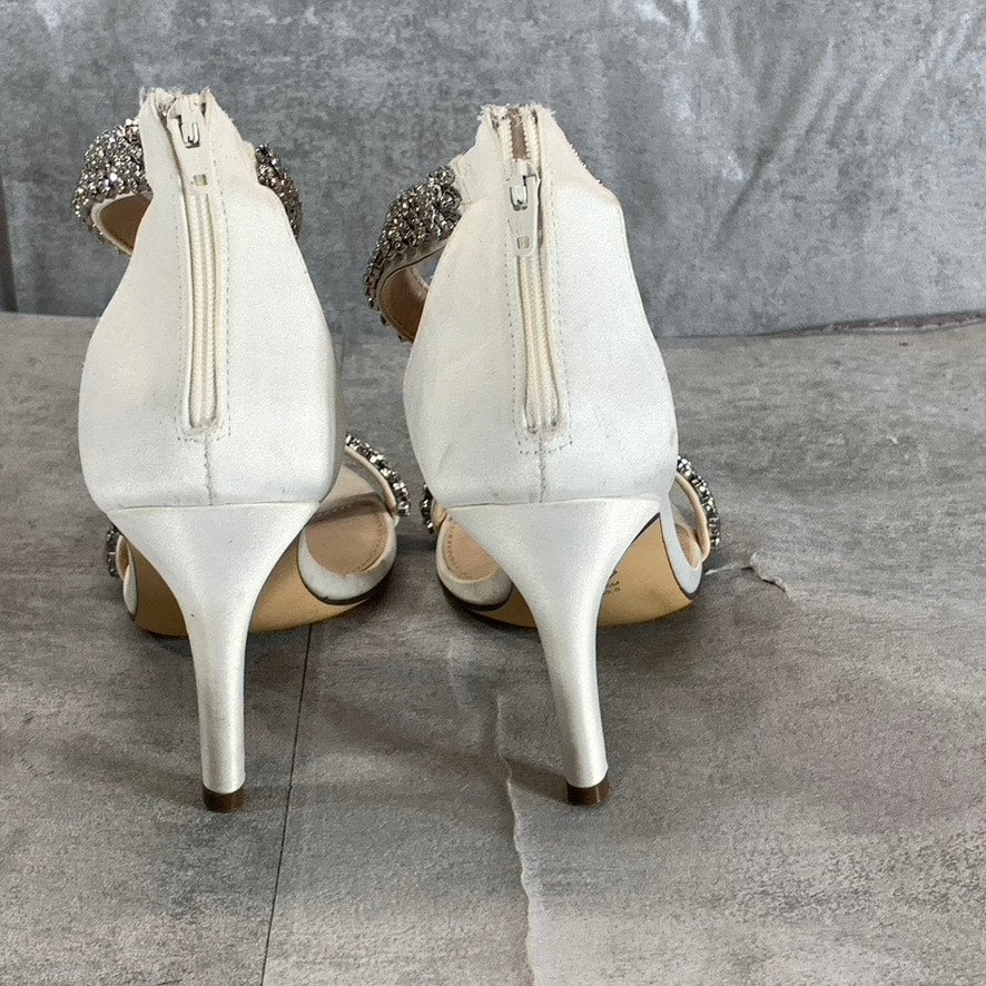 NINA Women's Ivory Luster Satin Vauna Rhinestone Ankle Strap Dress Sandals SZ5.5