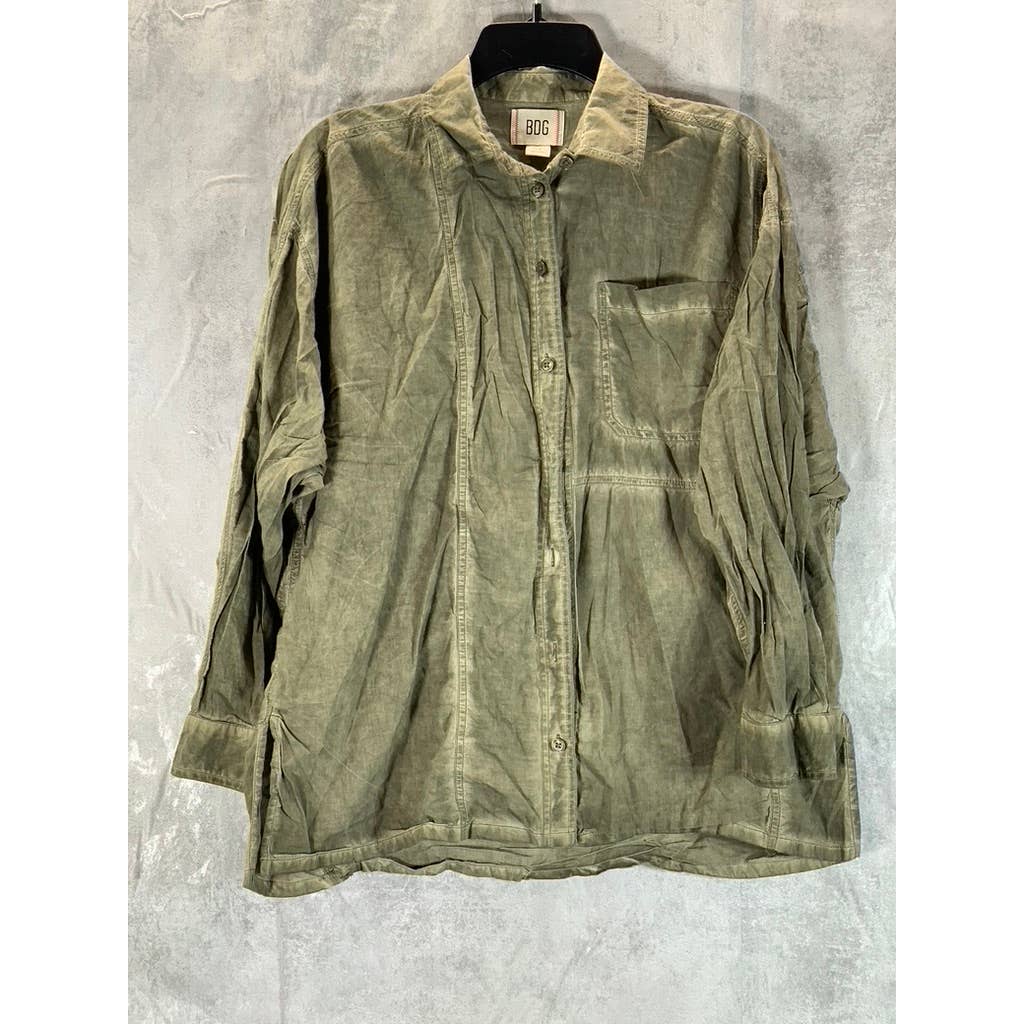 BDG URBAN OUTFITTERS Women's Olive Dye Cotton Button-Up Long-Sleeve Shirt SZ S