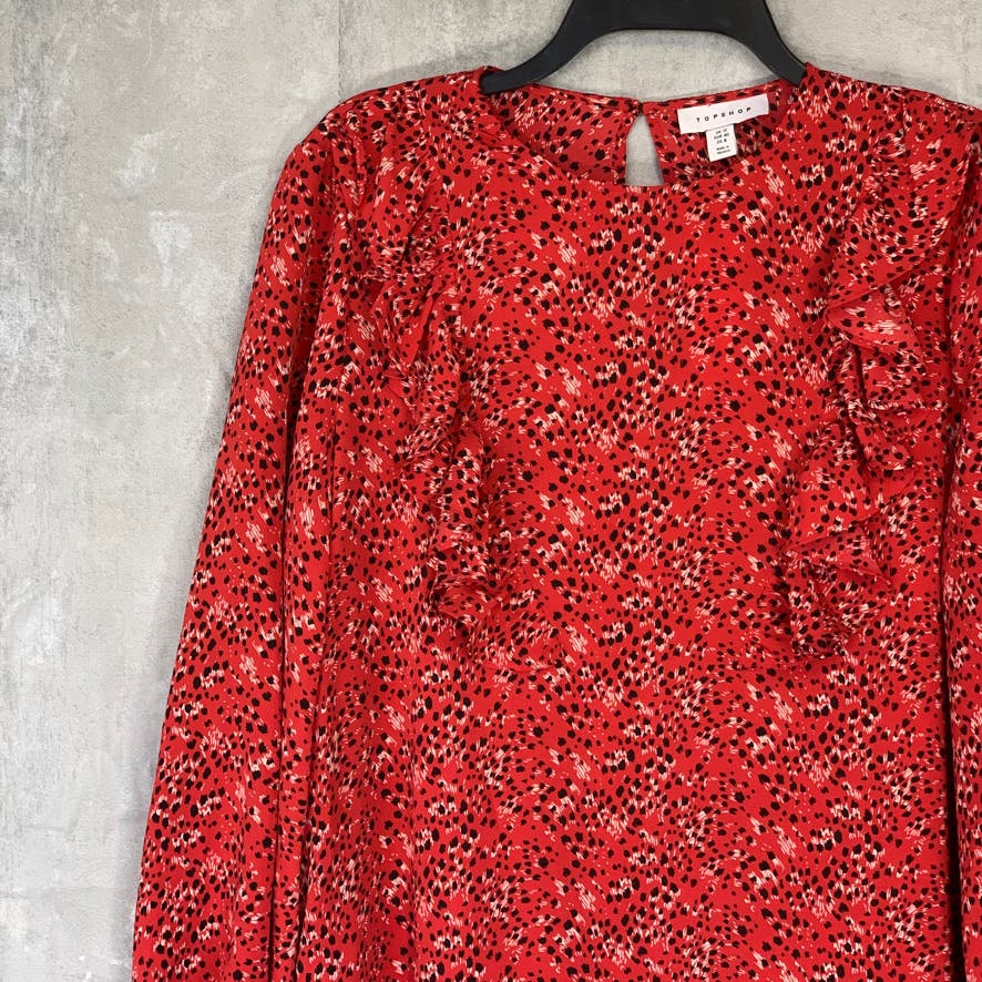 TOPSHOP Red Printed Round Neck Long Sleeve Ruffle Mini Dress SZ 8