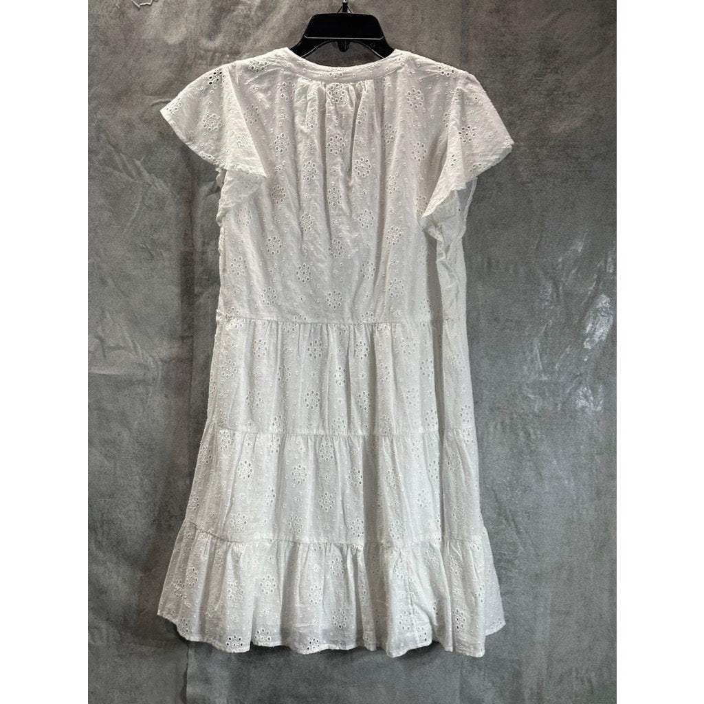 STYLE & CO Women's Bright White Flutter-Sleeve Eyelet Tiered Mini Dress SZ M