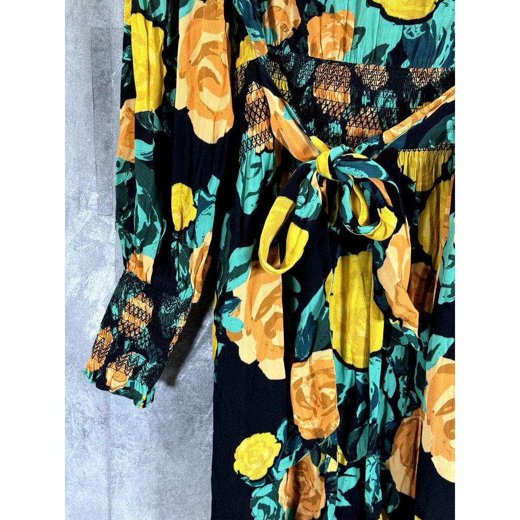 PLENTY BY TRACY REECE Women's Black Motif Floral Long Sleeve Midi Dress SZ S