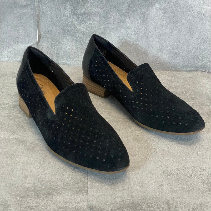 CLARKS Wide Width Black Laser-Cut Suede Juliet Hayes Block Heel Loafers SZ 10W