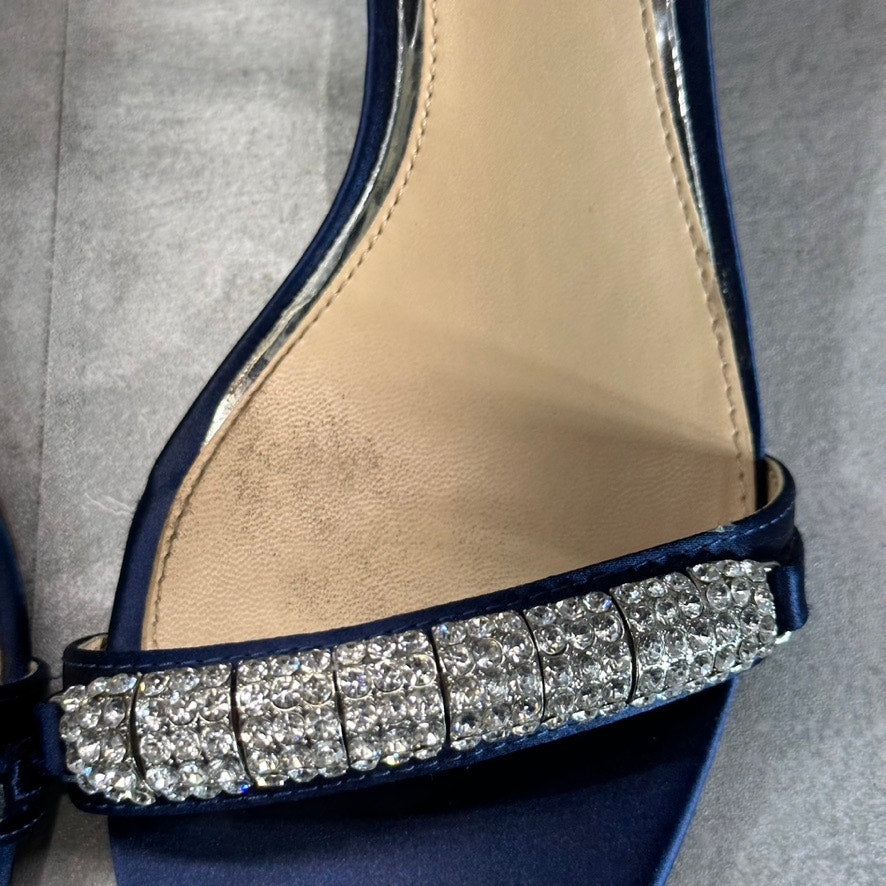 JEWEL BADGLEY MISCHKA Women's Navy Satin Ramsay Rhinestone Evening Sandals SZ 8