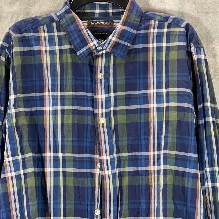 BANANA REPUBLIC Men's Navy/Green Untucked Slim-Fit Button-Up Flannel Shirt SZ XL