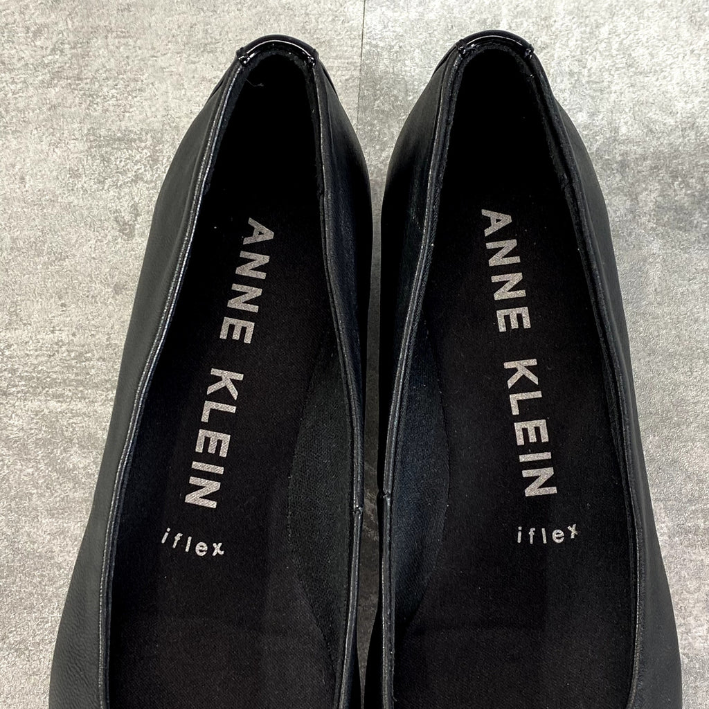 ANNE KLEIN Women's Black Leather iFlex Maysel Slip-On Square-Toe Wedge Flats SZ 7.5