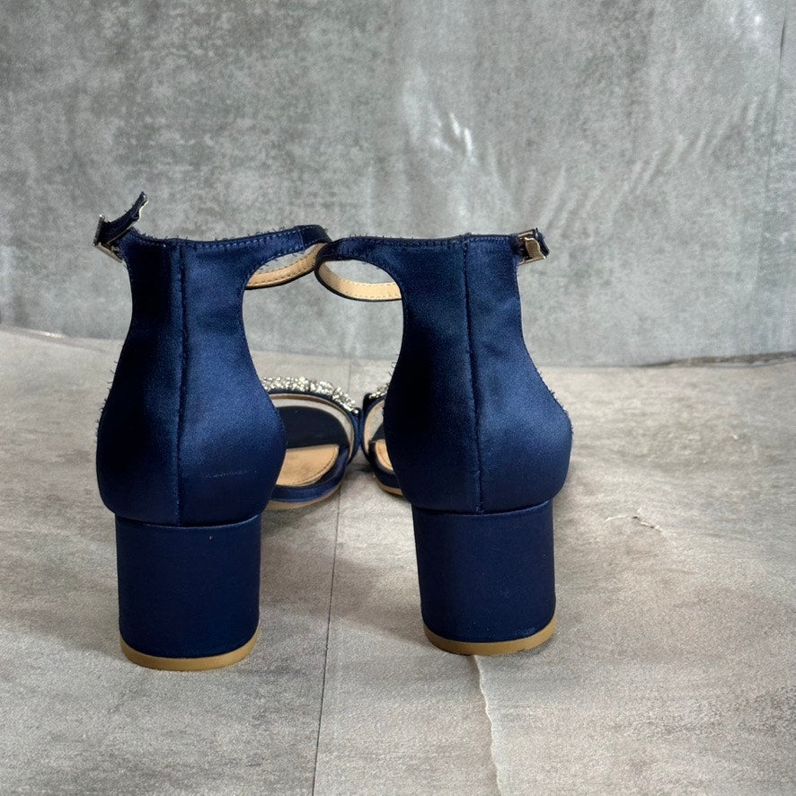 JEWEL BADGLEY MISCHKA Women's Navy Satin Ramsay Rhinestone Evening Sandals SZ 8