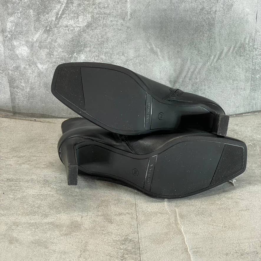 NINE WEST Women's Black Leather Jozy Square-Toe Heeled Booties SZ 9