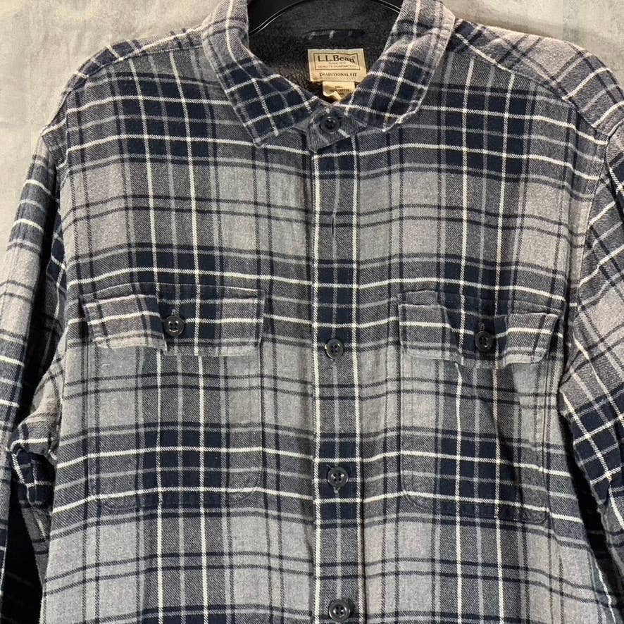 L.L. BEAN Men's Gray Plaid Traditional-Fit Button-Up Fleece Flannel Shirt SZ M