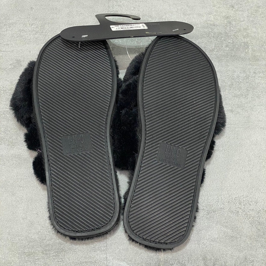 INC INTERNATIONAL CONCEPTS Black Faux-Fur Cross Band Slide Slippers SZ M (7-8)