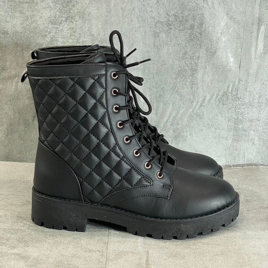 OLIVIA MILLER Women's Black Alexandria Quilted Lug Sole Lace-Up Combat Boots