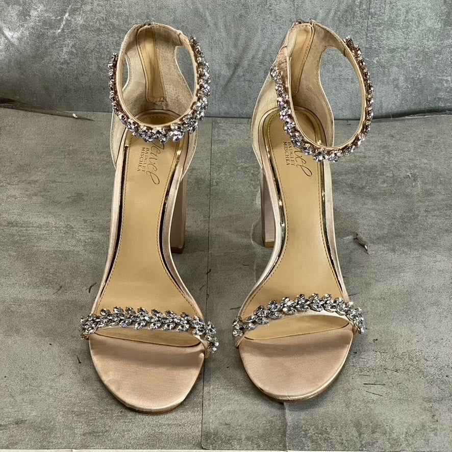 JEWEL BADGLEY MISCHKA Women's Champagne Satin Rhinestone Mayra Sandals SZ 10