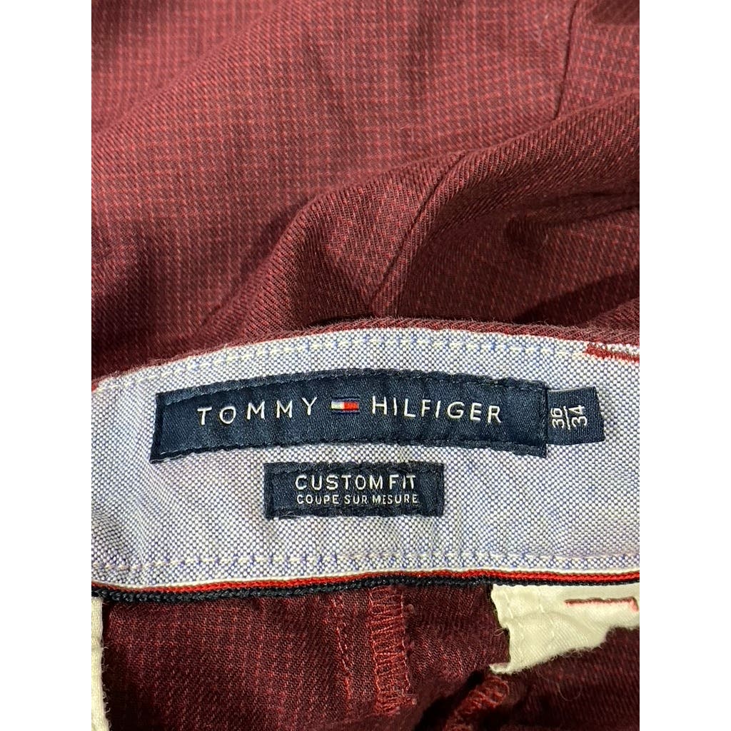 TOMMY HILFIGER Men's Burgundy Mini Check Custom-Fit Chino Pants SZ 36X34