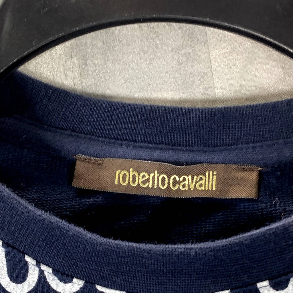 ROBERTO CAVALLI Men's Navy Logo Print Allover Crewneck Pullover Sweatshirt SZ M