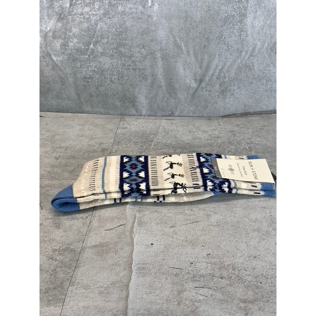 Sun + Stone Men's Blue/Tan Deer Fair Isle Fleece-Lined Crew Single Sock SZ 10-13