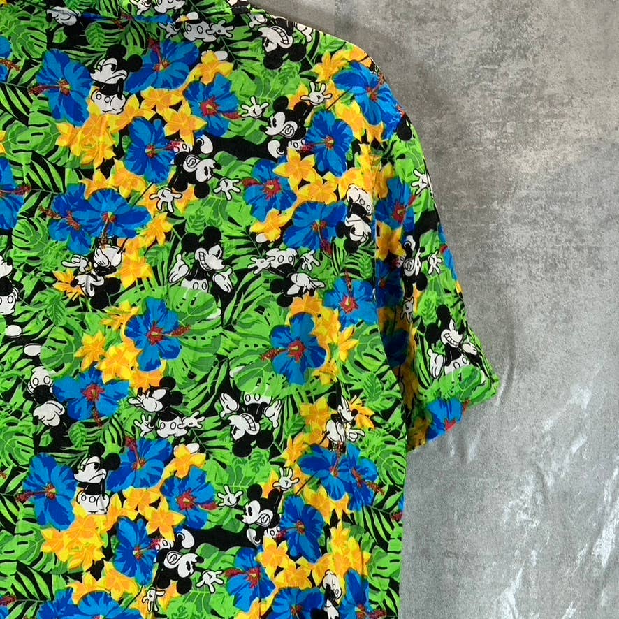 DISNEY Men's Green Mickey-Mouse Tropical Button-Up Short-Sleeve Shirt SZ M