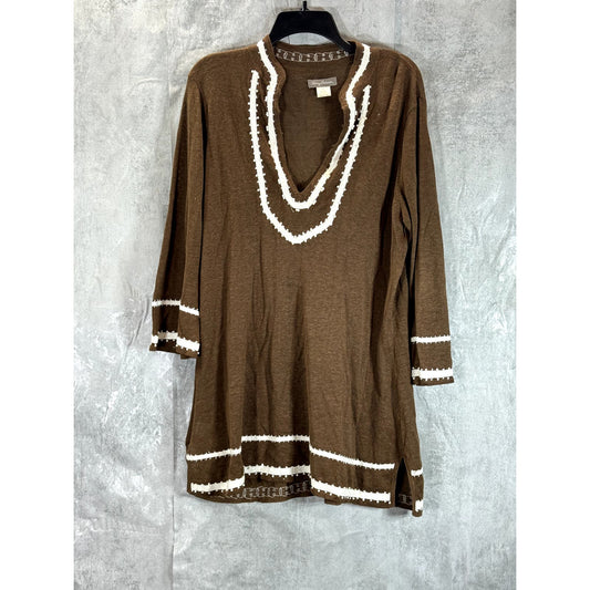 TOMMY BAHAMA Women's Brown Embroidered Beaded V-Neck Tunic SZ XL