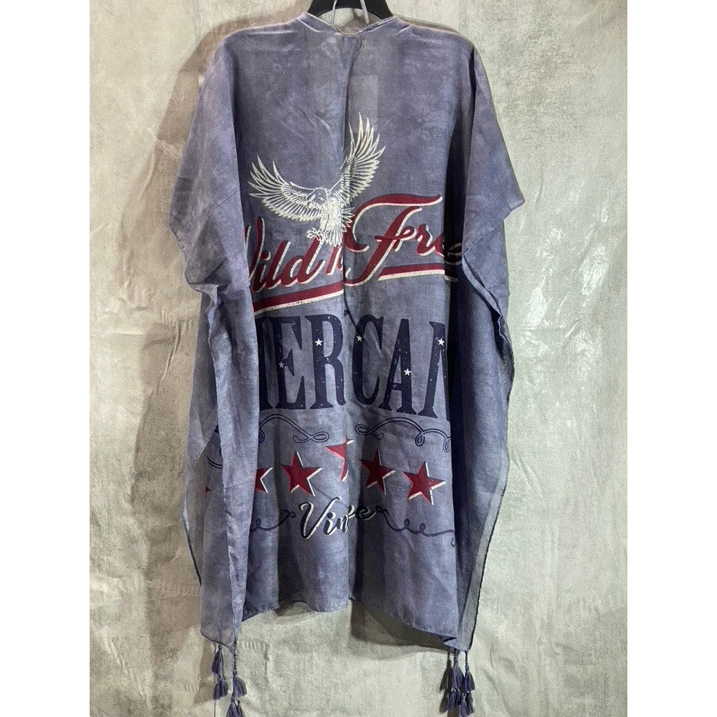 DAVID & YOUNG Women's Blue Graphic Wild & Free Americana Vintage Kimono SZ OS