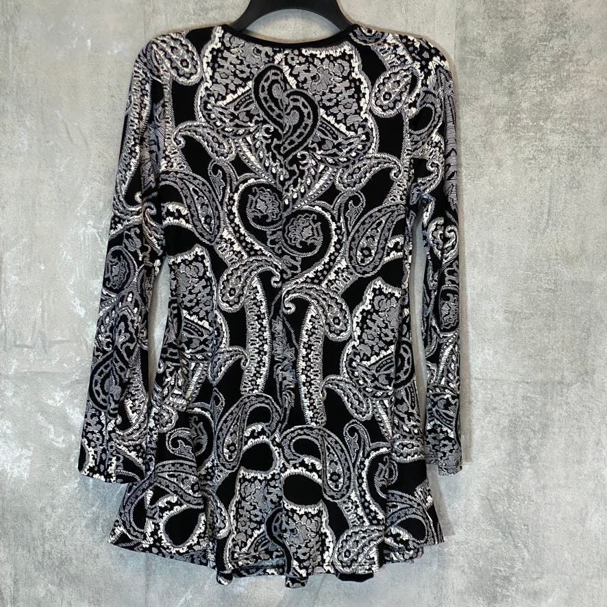 24/7 COMFORT APPAREL Women's Black Paisley Scoop Neck Long Sleeve Tunic Top SZ M